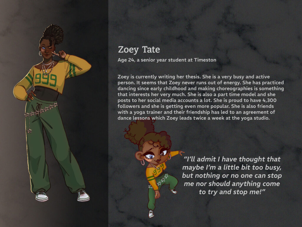 Kuvankaappaus Tyche's Enigma pelin Zoey hahmon esittelystä.