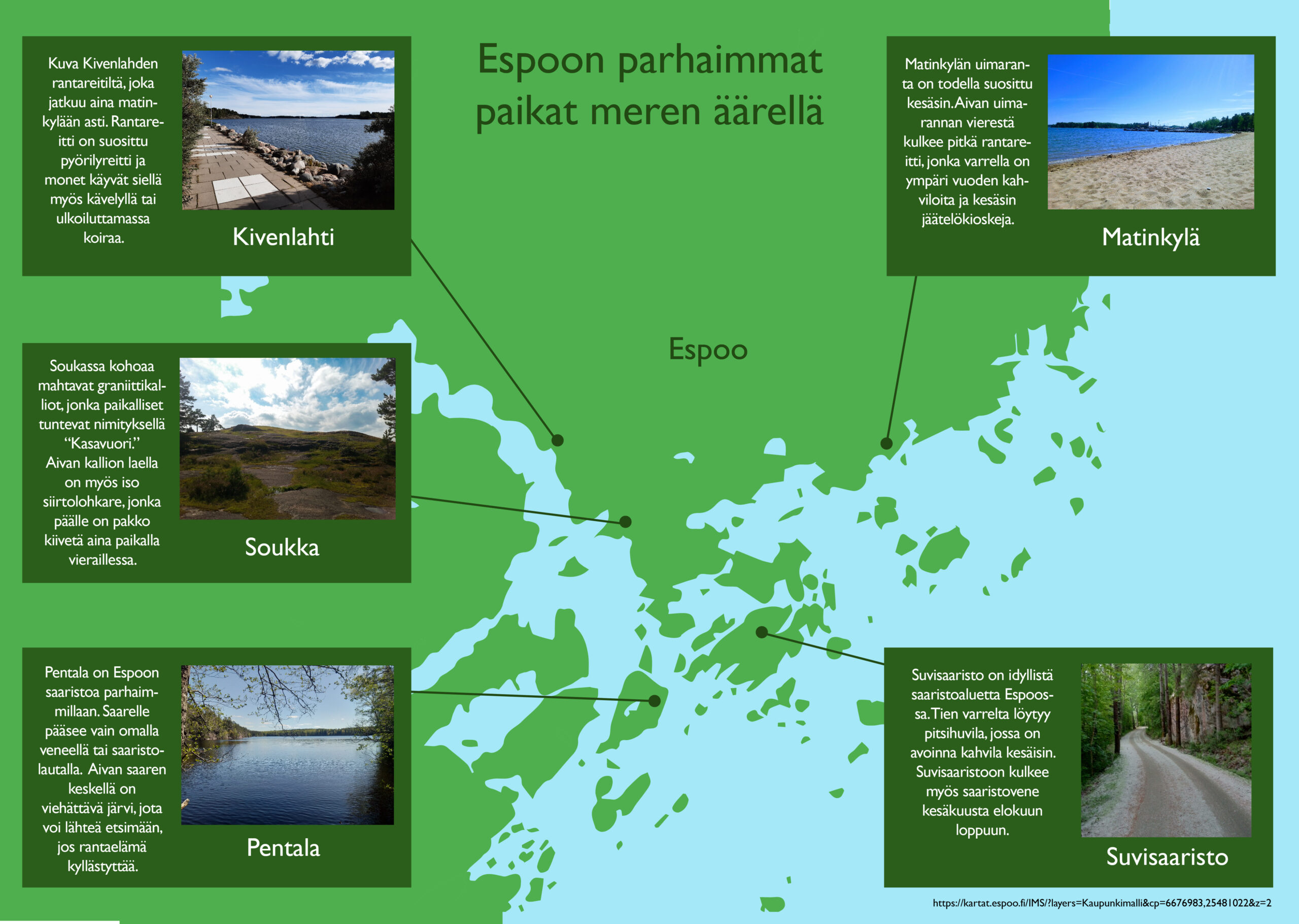 kartta espoon rantaraitin parhaista paikoista, informaatiografiikka, 2023, Noora Naumanen